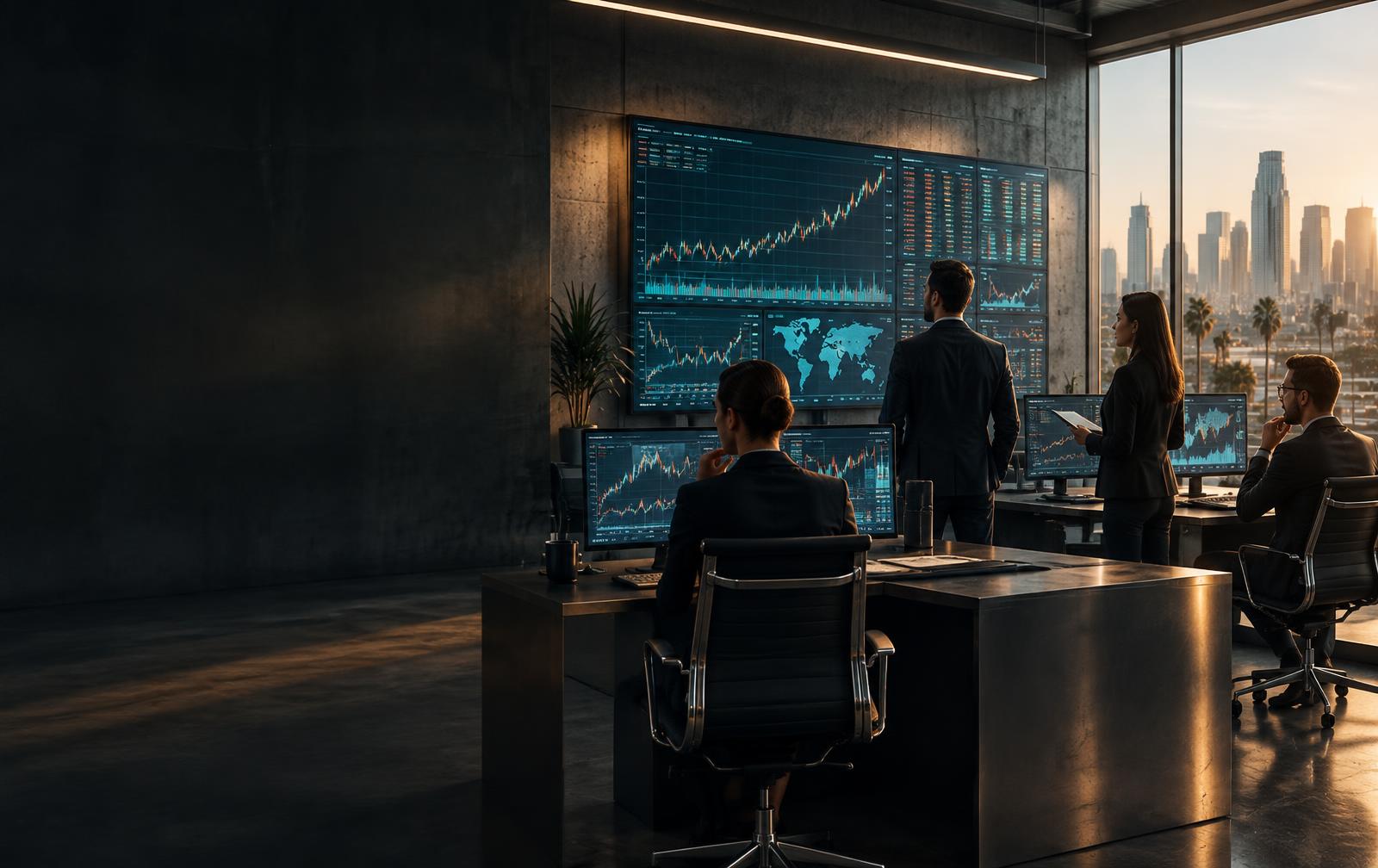 Trading team reviewing market performance in a modern operations room